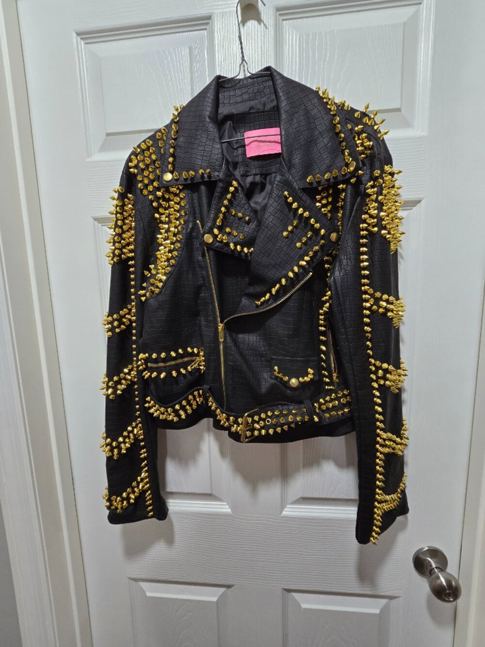 Azalea Wang Black & Gold Studded Jacket Large Biker Rocker Faux Leather